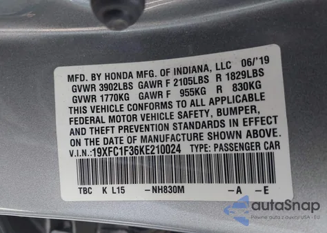 2019 Honda Civic Ex из США, поврежденный, VIN 19XFC1F36KE210024